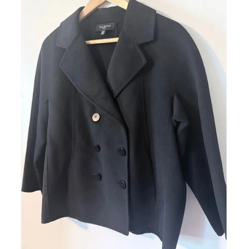 TALBOTS black wool blend double breasted 3/4 sleeve blazer jacket petite - Picture 2 of 10